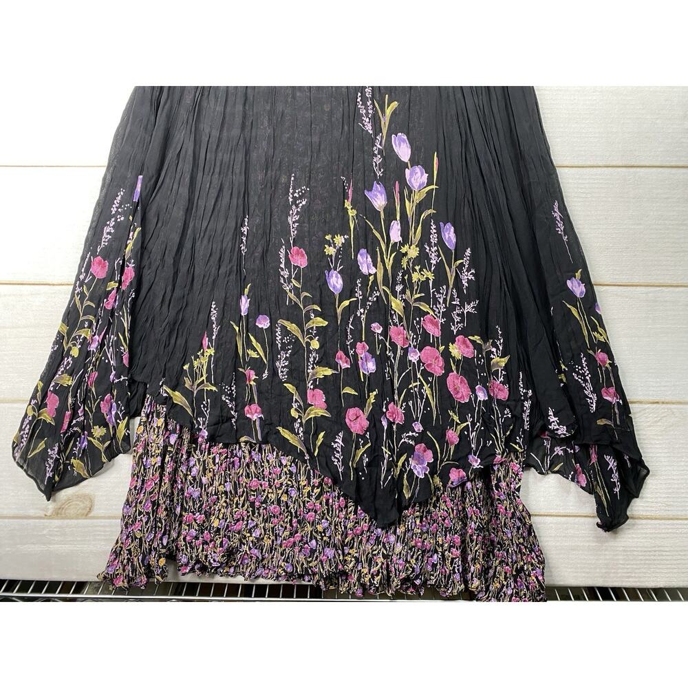 Lola P Floral Maxi Dress L Black Lined Layered Crinkled Sleeveless Whimsygoth - Picture 2 of 10